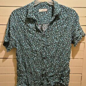 Departwest Blouse Womens XL Teal Black Short Sleeve Button Front Top Lightweight